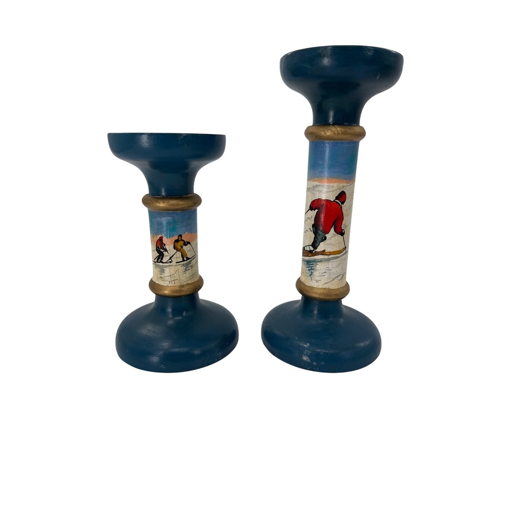 Robert M Weiss Candlestick Holder Set Blue Ski Scene Hand Painted Wood Folk Art